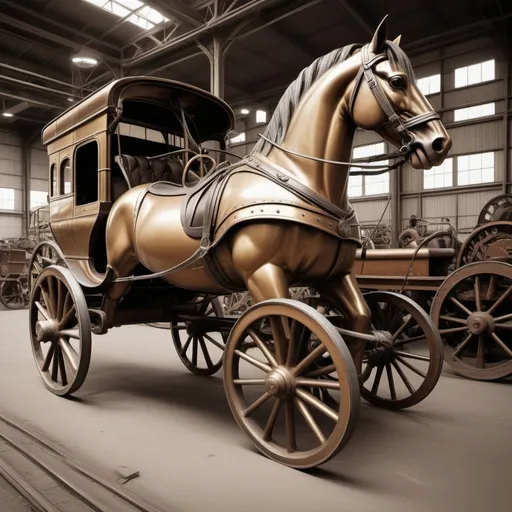 Prompt: {(sepia tone photography)(wide angle)}{(brass (steam powered (mechanical (horse))))(steel hooves)}{(copper (carriage))}{industrial warehouse}