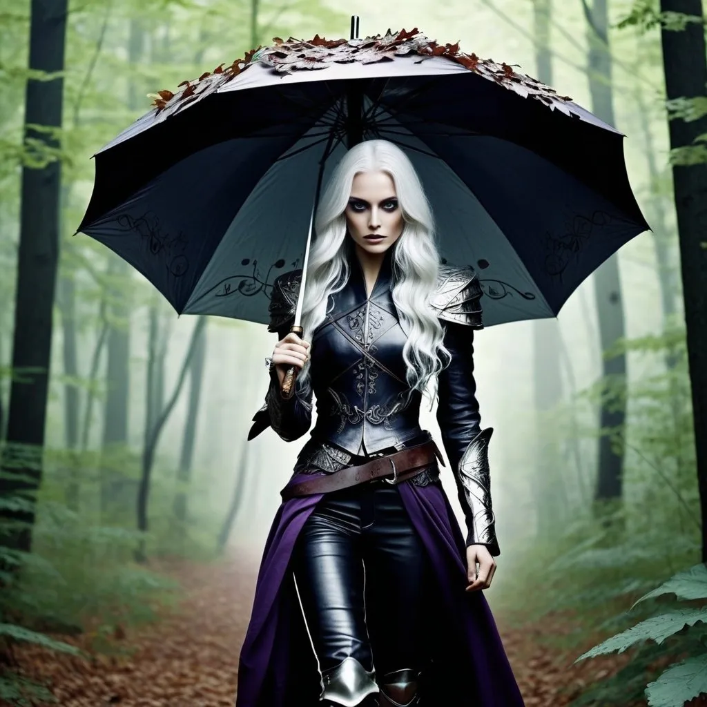 Prompt: {(dark elf woman) {(((pitch black)) (skin))} (violet eyes) {(long (wavy (hair))) (white hair) (silver highlights)}  {((leather armor) with (leather trousers))(sword belt)}}{carrying a (parasol made of (leaves)) in one hand} in the forest