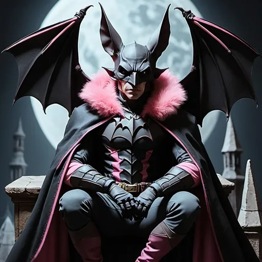 Prompt: {(6 inch tall (cute (female (anthropomorphic bat))))}{pink fur} sitting on the shoulder of a {(tall (brooding (skinny (human warlock))))}