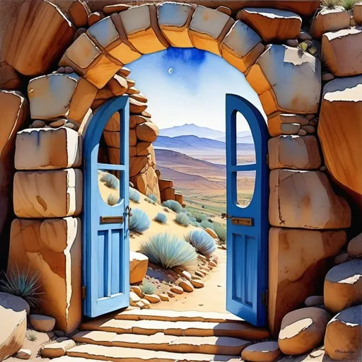 Prompt: {(watercolor painting)(fantasy art)}{view through a {(moon gate) dug into a (hillside)} at a {(Stone wall)(large (glass windows))(round (haint blue (door)))}} {(high desert)(Arizona)}