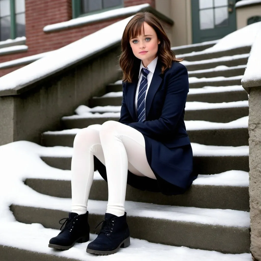 Prompt: (alexis bledel) is a schoolgirl, white leggings,  flat black shoes, short black pleated skirt, navy blazer & tie, sitting on outdoor concrete steps, icy snowy scene, smug expression, prepared for winter, 8k photo,  detailed, realistic, winter, outdoor, schoolgirl, snowy, icy, pale skin, long legs, black shoes, detailed eyes, cold atmosphere