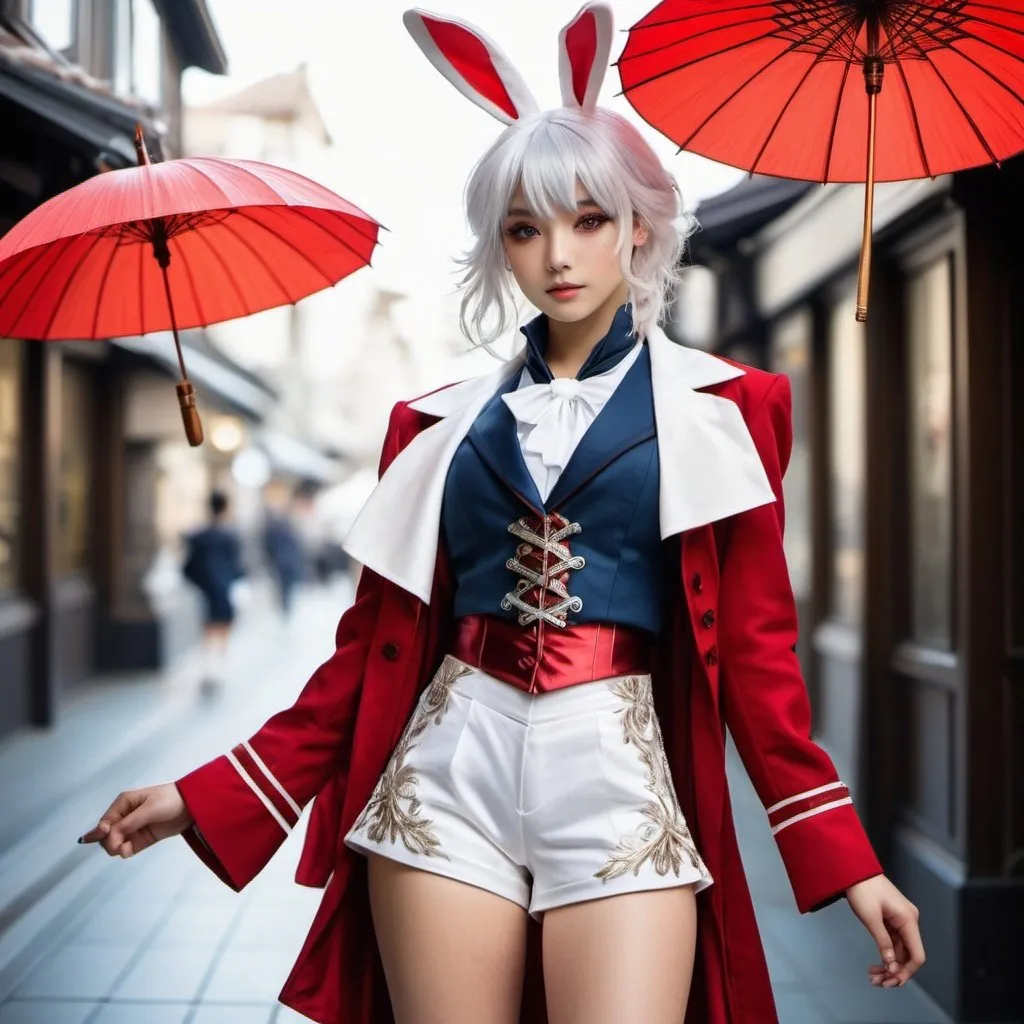 Prompt: {(cute)(japanese (bunny-girl)(silver-white hair)(hetrochromia)} {(red  (bolero (tailcoat)))(silver (lame (short shorts))) }{rapier} in the style of Alphonse Mucha