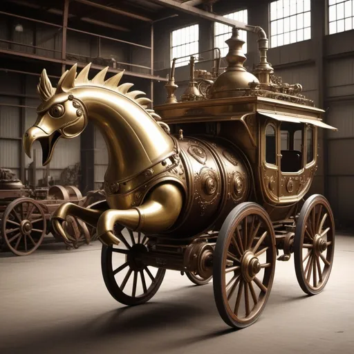 Prompt: {(sepia tone photography)(wide angle)}{(brass (steam powered (mechanical (chocobo))))(steel beak)}{(copper (carriage))}{industrial warehouse}