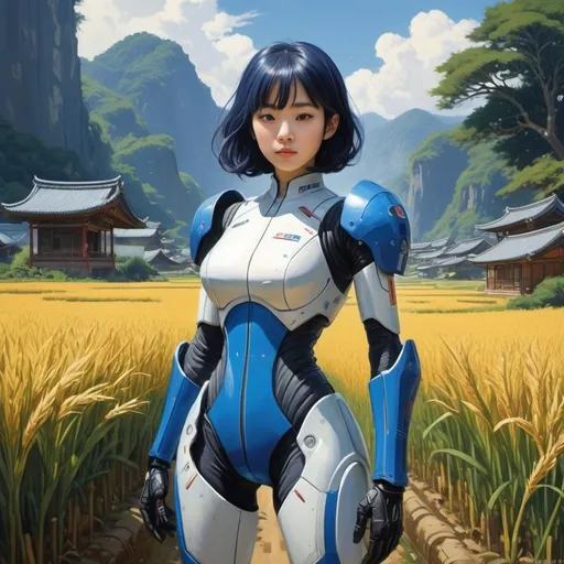 Prompt: {oil painting by Syd Mead}{{Inside a space habitat}  {Japanese village}{rice fields}} {{(short (cobalt blue hair:0.99)) (page boy cut (with bangs))} (muscular (hourglass figure)) (bluish gray eyes:0.9)(thin (arched (eyebrows)))}. {one woman} {pretty}{thirty years old} {muscular} {(Zhao Lusi) (Kikuchi Rinko) (Nguyen Tran Huyen My) (Seo Ji-Hye)}{athletic hourglass figure}{(sleek)(high tech)(power armor)}