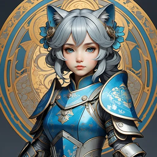 Prompt: {(cute)(japanese (cat-girl)(blue-gray hair)(hetrochromia)} {full plate armor} in the style of Alphonse Mucha