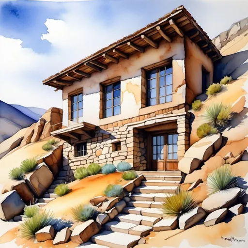 Prompt: {(watercolor painting)(fantasy art)}{({stone and glass} (house facade (dug into a (hillside))))(high desert)(Arizona)}