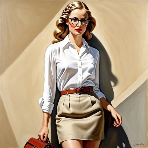 Prompt: {artwork by (Tamara de Lempicka)} 
{(one (woman)) {(bluish gray eyes) (round face) (red lipstick) (cat's eye (glasses))} (blondish-brown (fishtail braid)} {(white (linen (blouse)))(khaki   (walking skirt))(brown (hiking (boots)))}