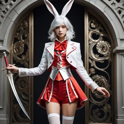 Prompt: {(tall)(slender)(muscular)(japanese girl (rabbit ears)) (silver-white hair)(hetrochromia)} {(red (bolero (tailcoat)))(silver (lame (short shorts))) }{rapier} in the style of Alphonse Mucha