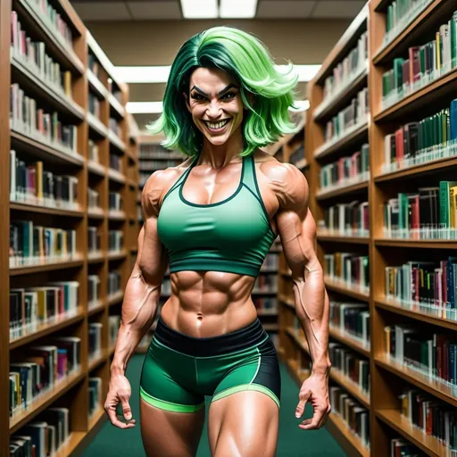 Prompt: {pale green skin}{dark green hair}{oni woman}{(Tall) (strong) (heavily muscled)} {muscular hourglass figure} {amused}{halter top}{spandex shorts}{in a library}