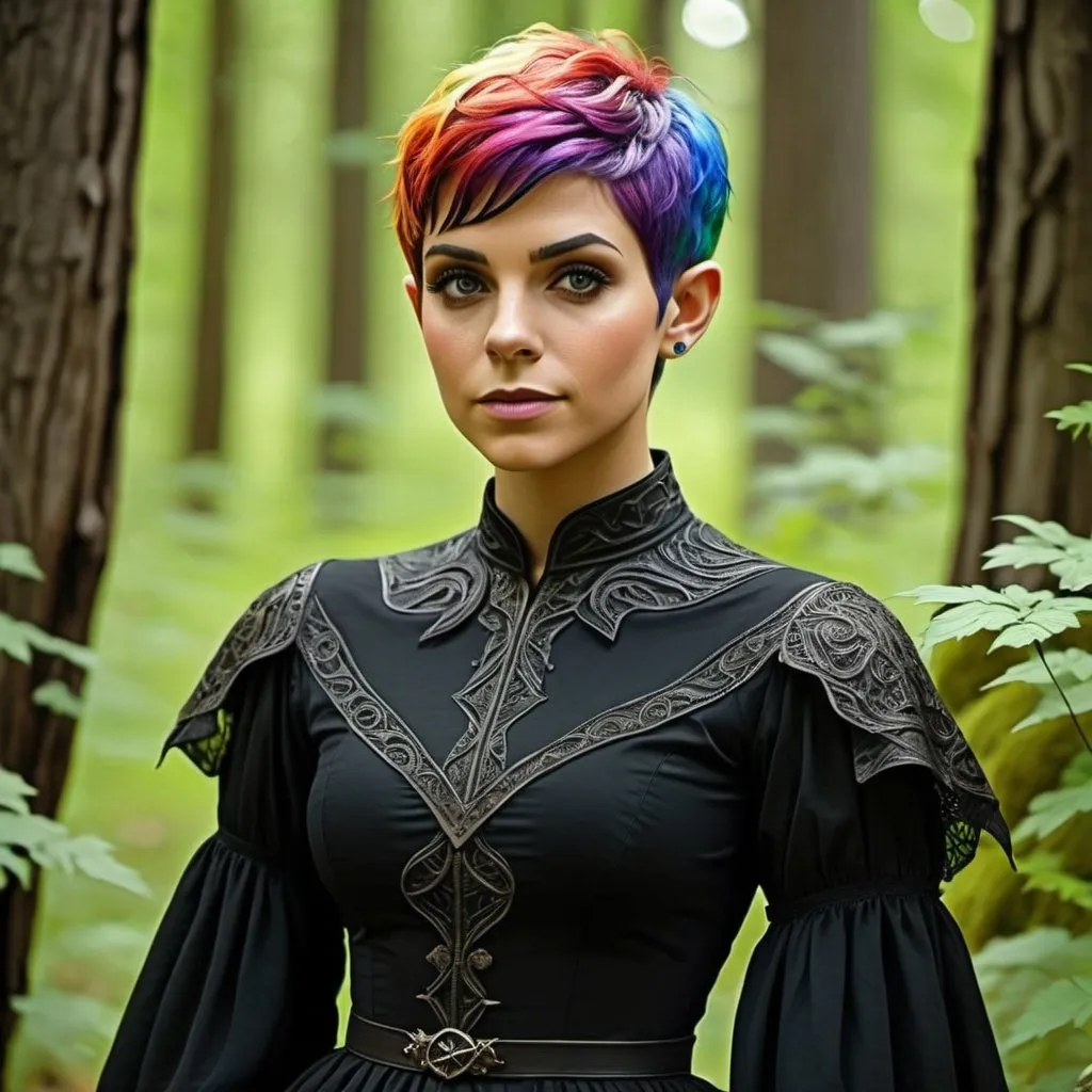 Prompt: {(thicc female (wood elf))(short (rainbow colored (pixie-cut) hair))}(black (witch dress))