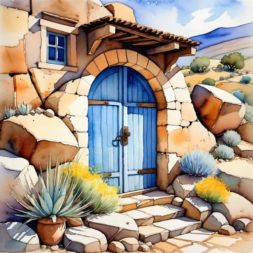 Prompt: {(watercolor painting)(fantasy art)}{{(Stone wall)(large (glass windows))(round (haint blue (door)))} dug into a (hillside)} {(high desert)(Arizona)}