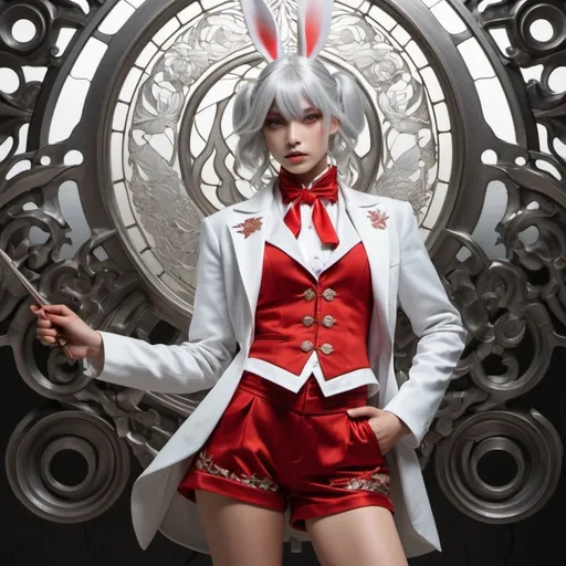 Prompt: {(tall)(slender)(muscular)(japanese girl (rabbit ears)) (silver-white hair)(hetrochromia)} {(red (bolero (tailcoat)))(silver (lame (short shorts))) }{rapier} in the style of Alphonse Mucha