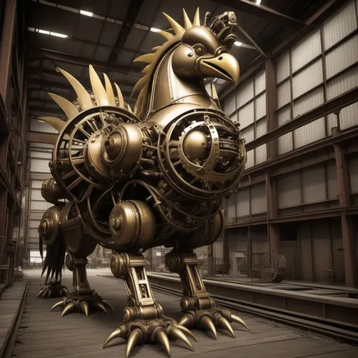 Prompt: {(sepia tone photography)(wide angle)}{(brass (steam powered (mechanical (chocobo))))(steel beak)}{industrial warehouse}