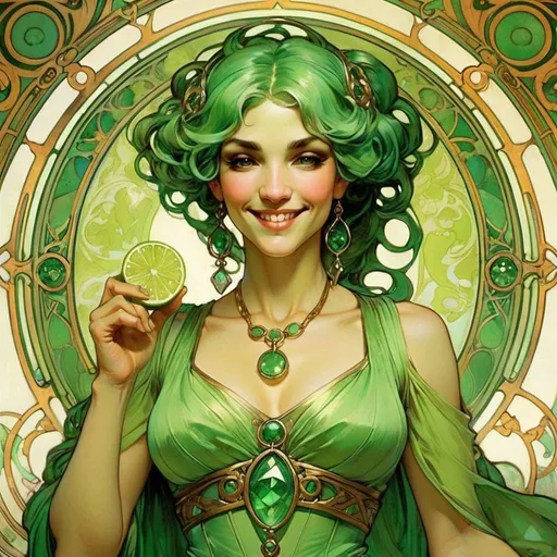 Prompt: {lime green skin}{emerald green hair}{(Tall) (strong) {heavily muscled} woman}{hourglass figure} {enigmatic smile}{in a liberary}{art by Alphonse Mucha}