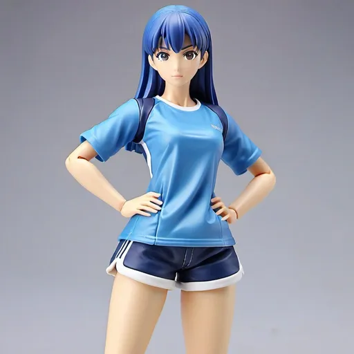 Prompt: {anime figure by Figma }  {{(short (cobalt blue hair:0.99)) (page boy cut (with bangs))} (muscular (hourglass figure)) (bluish gray eyes:0.9)(thin (arched (eyebrows)))}. {one woman} {pretty}{thirty years old} {muscular} {(Zhao Lusi) (Kikuchi Rinko) (Nguyen Tran Huyen My) (Seo Ji-Hye)}{athletic hourglass figure}{(loose (white (t-shirt)))(denim shorts)(conical (straw (hat)))(cheap sneakers)}