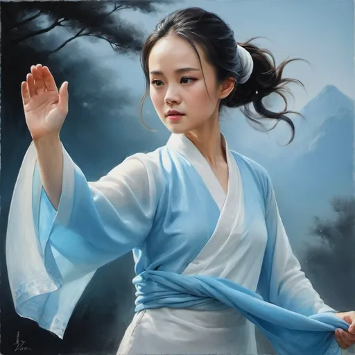 Prompt: {oil painting}{fantasy art}{striking}{cute}{(Zhao Lusi), (Zhang Ziyi), (Kikuchi Rinko)}{ombre dyed ao dai (white)(pastel blue)}{holding a white scarf} doing tai chi
