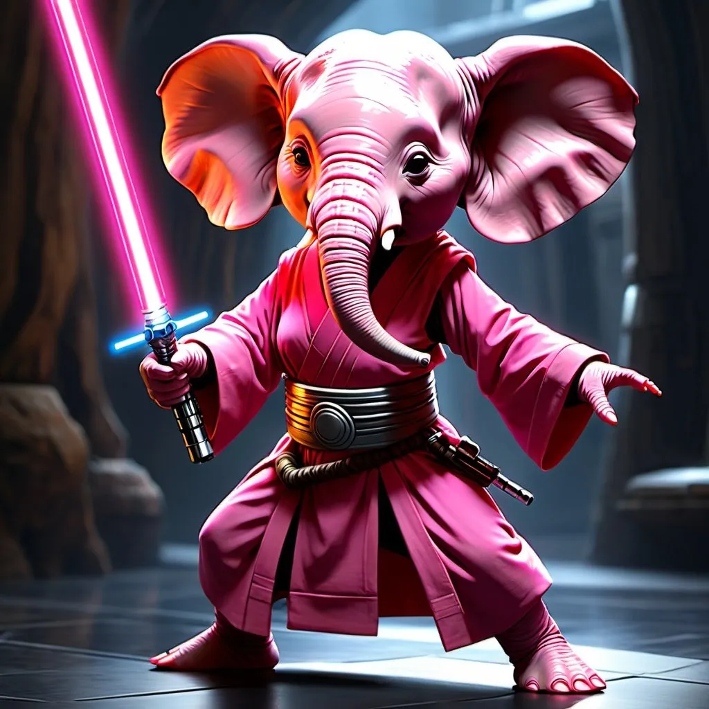 Prompt: {Star Wars artwork}
{(anthropomorphic elephant)(small head)(female)(pink skin)}
{(jedi robes)(pink lightsaber)}
{doing tai chi}