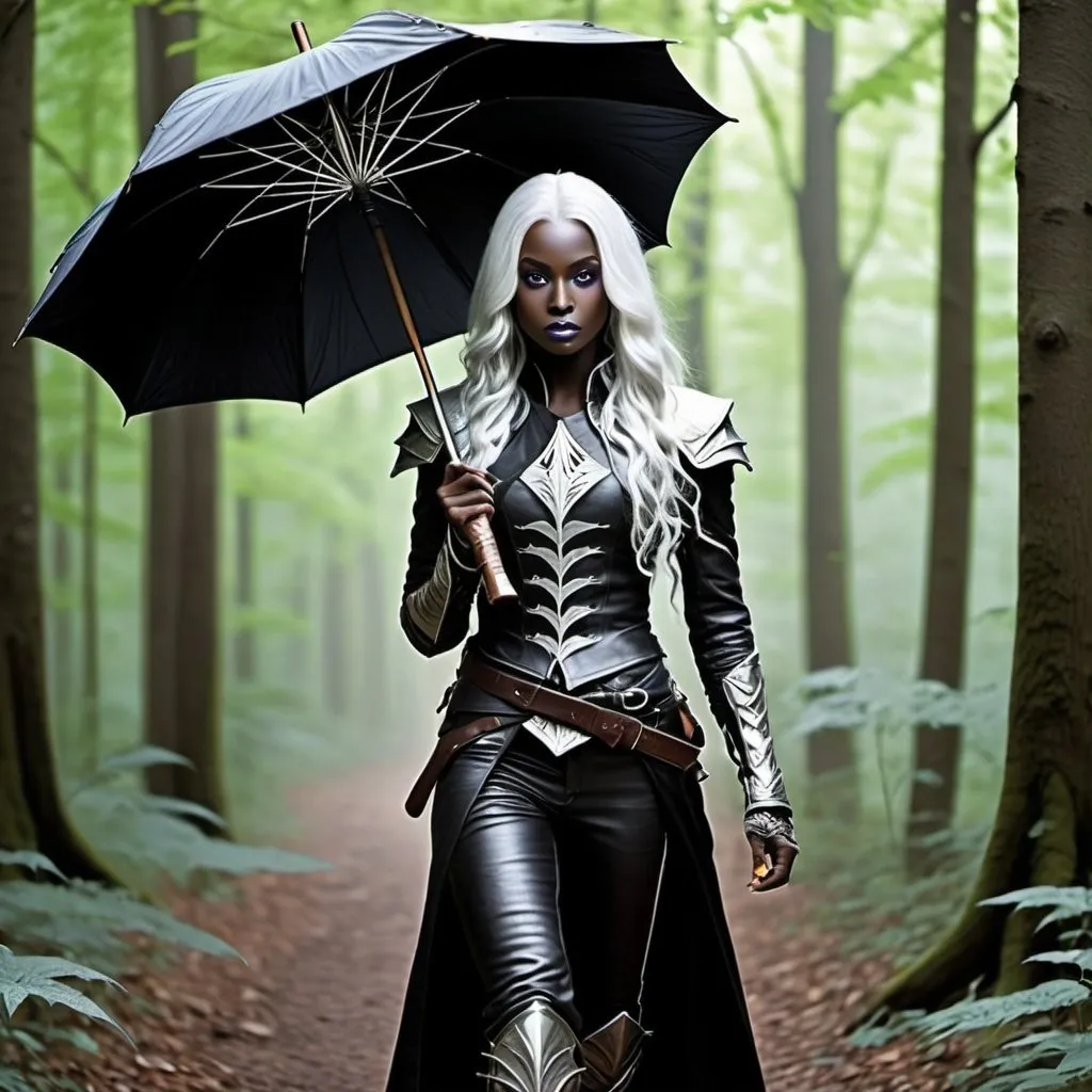 Prompt: {(dark elf woman) {(((pitch black)) (skin))} (violet eyes) {(long (wavy (hair))) (white hair) (silver highlights)}  {((leather armor) with (leather trousers))(sword belt)}}{carrying a (parasol made of (leaves)) in one hand} in the forest