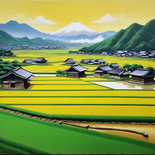 Prompt: {oil painting}{wrapped Inside a cylinder} {pastoral} {Japanese village}{rice fields}