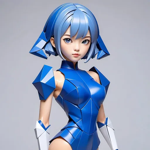 Prompt: {complex origami sculpture}  {{(short (cobalt blue hair:0.99)) (page boy cut (with bangs))} (muscular (hourglass figure)) (bluish gray eyes:0.9)(thin (arched (eyebrows)))}. {one woman} {pretty}{thirty years old} {muscular} {(Zhao Lusi) (Kikuchi Rinko) (Nguyen Tran Huyen My) (Seo Ji-Hye)}{athletic hourglass figure}