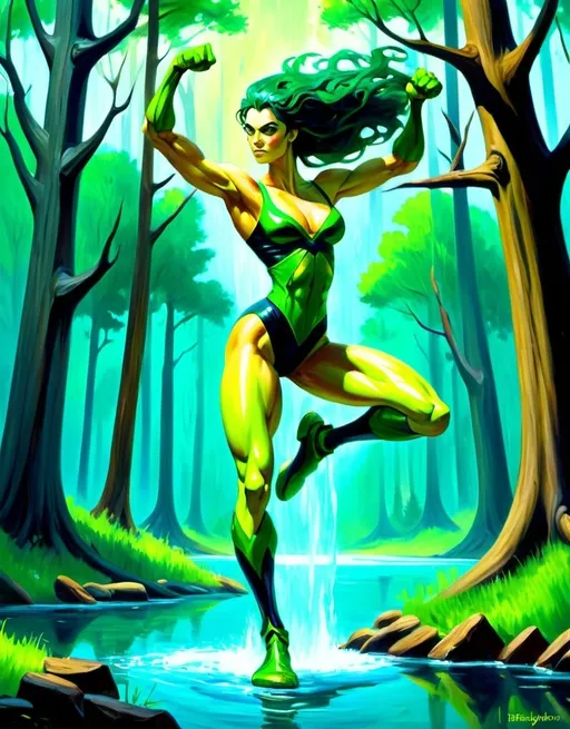 Prompt: {(oil painting)(fantasy art)}{pale green skin}{dark green hair}{(Tall) (strong) (heavily muscled) {woman}} {MUSCULAR hourglass figure} {amused}{((high kick))(foot over head)}{forest lake}