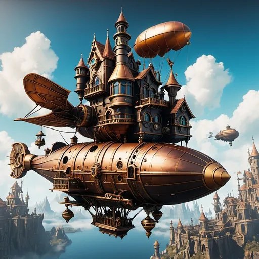Prompt: Flying castle with a steampunk airship in the background