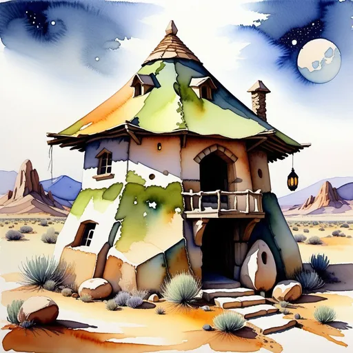 Prompt: {(watercolor painting)(fantasy art)}{(A witch's (octagonal (stone (hut))))(high desert)(Arizona)}