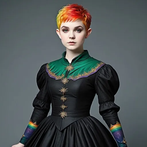 Prompt: {((chubby female)(wood elf))(short (rainbow colored (pixie-cut) hair))(pale skin)}(black (witch dress))