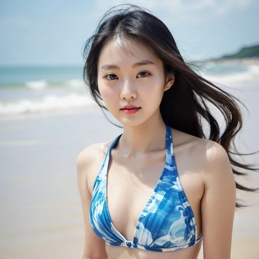 Prompt: (silver emulsion photography) {one woman}{pretty}{(Zhao Lusi) (Kikuchi Rinko) (Nguyen Tran Huyen My) (Seo Ji-Hye)} in a swimsuit on the beach