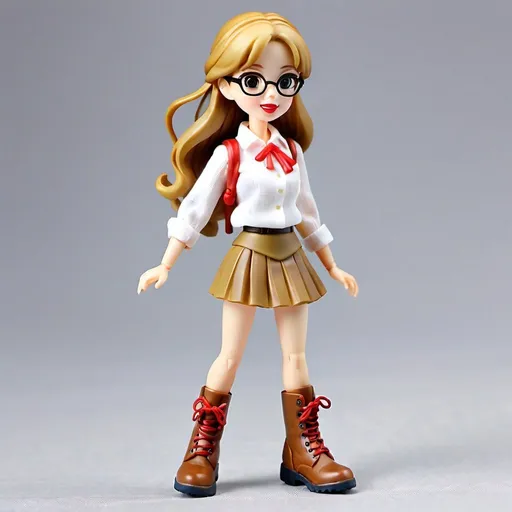 Prompt: {anime figure by figma} {(one (woman)) {(bluish gray eyes) (round face) (red lipstick) (cat's eye (glasses))} (long (wavy (blondish-brown (hair))} {(white (linen (blouse)))(khaki (walking (skirt)))(pith helmet)(brown (hiking (boots)))}