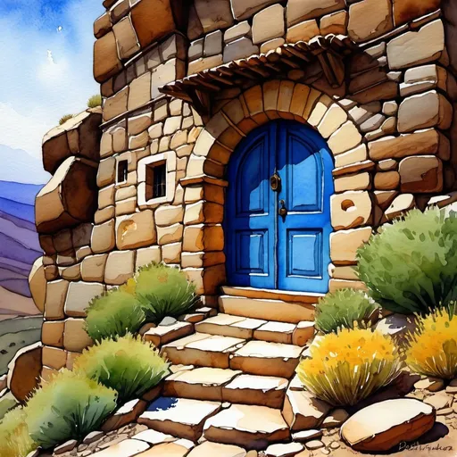 Prompt: {(watercolor painting)(fantasy art)}{{(Stone wall)(glass windows)(round (haint blue (door)))} dug into a hillside} {(high desert)(Arizona)}