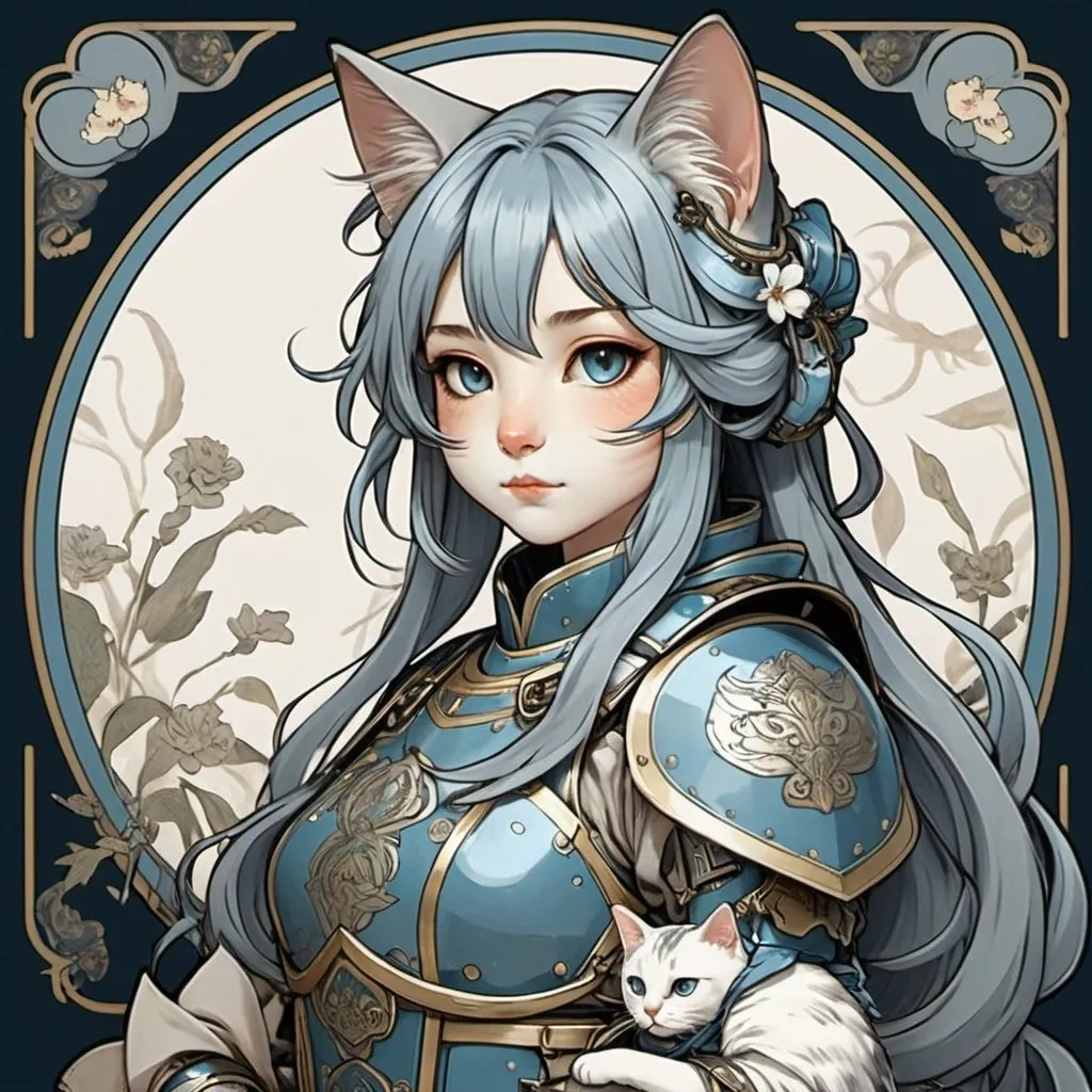 Prompt: {(cute)(japanese (cat-girl)(blue-gray hair)} {full plate armor} in the style of Alphonse Mucha