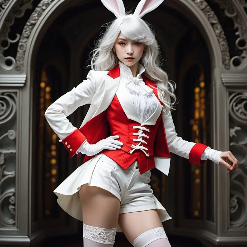 Prompt: {(tall)(slender)(muscular)(japanese girl (rabbit ears)) (silver-white hair)(hetrochromia)} {(red (bolero (tailcoat)))(silver (lame (short shorts))) }{rapier} in the style of Alphonse Mucha