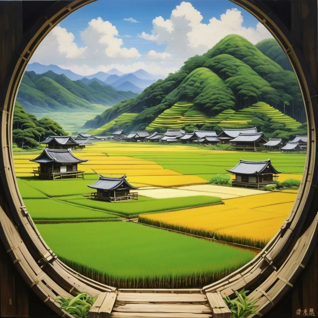 Prompt: {oil painting} {pastoral} {Japanese village}{rice fields}{Inside a cylindrical space habitat}