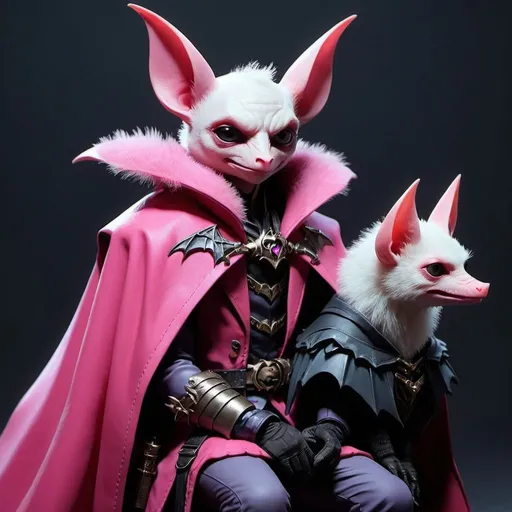 Prompt: {cute}{female anthropomorphic bat}{pink fur} sitting on the shoulder of a {(brooding (skinny (warlock)))}