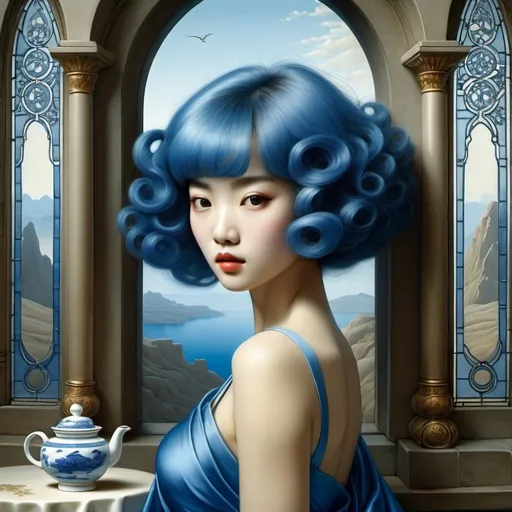 Prompt: {surreal art by (MICHAEL PARKES) }  {{(short (cobalt blue hair:0.99)) (page boy cut (with bangs))} (muscular (hourglass figure)) (bluish gray eyes:0.9)(thin (arched (eyebrows)))}. {one woman} {pretty}{thirty years old} {muscular} {(Zhao Lusi) (Kikuchi Rinko) (Nguyen Tran Huyen My) (Seo Ji-Hye)}{athletic hourglass figure}
{(witch robes)}
{drinking tea}
{(high desert)(stone wall)(haint blue door)(large glass windows)}