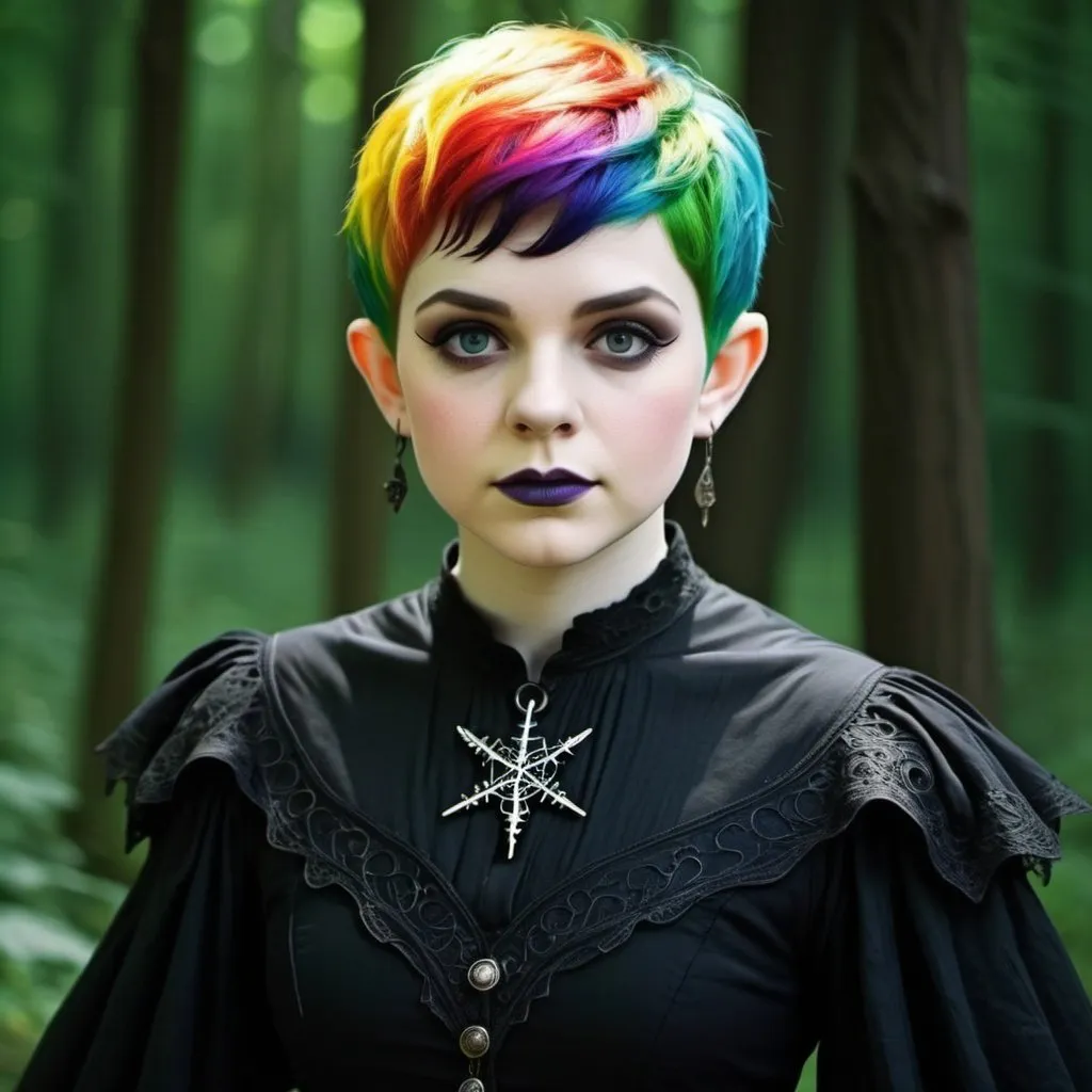 Prompt: {((chubby female)(wood elf))(short (rainbow colored (pixie-cut) hair))(pale skin)}(black (gothic (witch dress)))