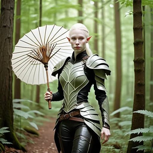 Prompt: An albino elf woman in ((leather armor) with (leather trousers)), carrying a (leafy parasol) in the forest.