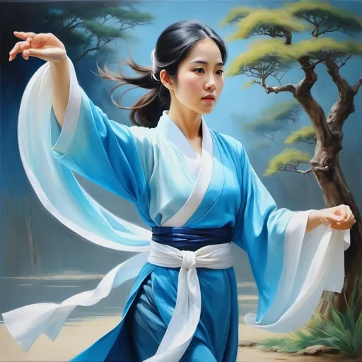 Prompt: {oil painting{fantasy art} {one woman}{pretty}{(Zhao Lusi) (Kikuchi Rinko) (Nguyen Tran Huyen My) (Seo Ji-Hye)}{hourglass figure} {ombre dyed ao dai (white)(pastel blue)}{holding a white scarf} doing tai chi