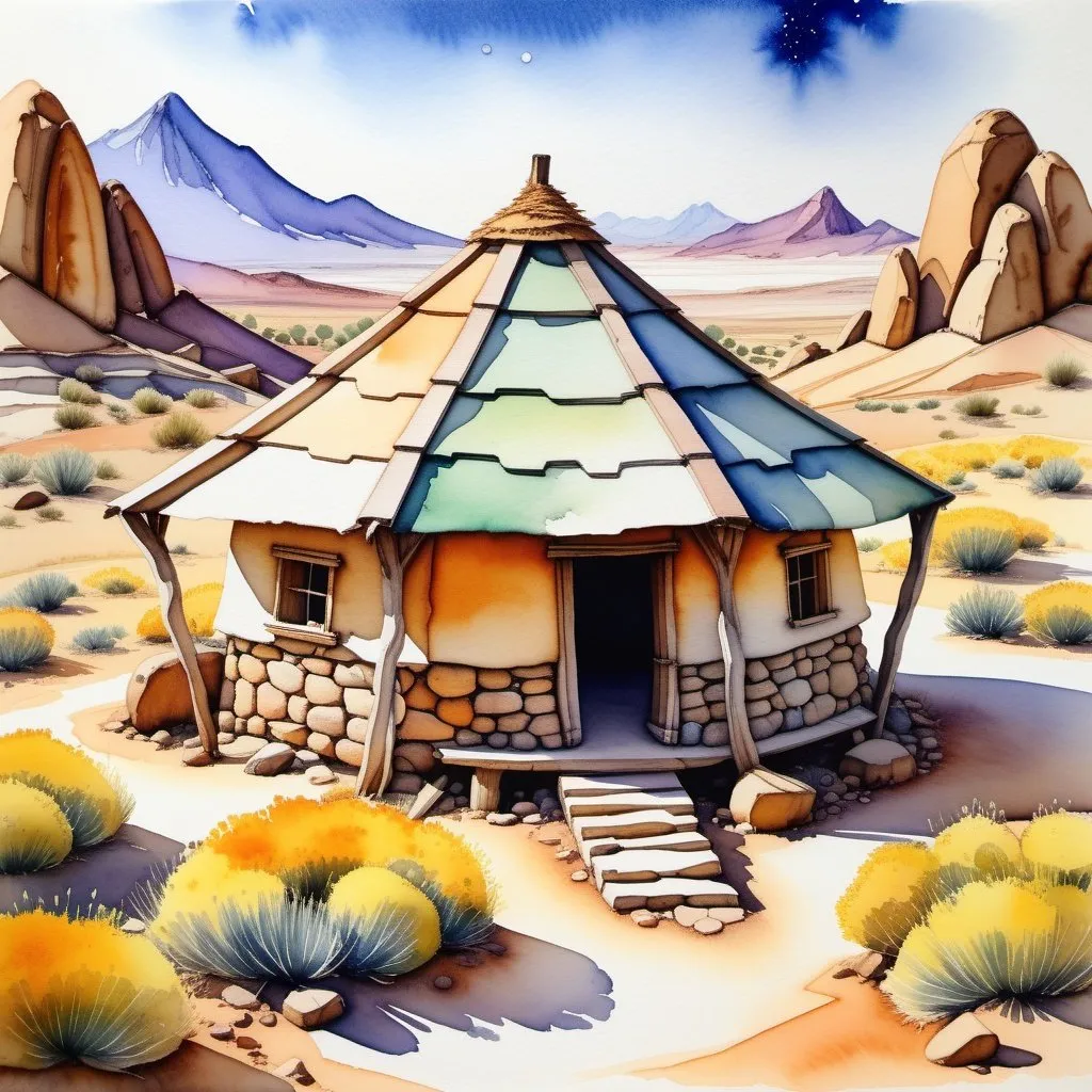 Prompt: {(watercolor painting)(fantasy art)}{(A witch's (octagonal (stone (hut))))(high desert)(Arizona)}