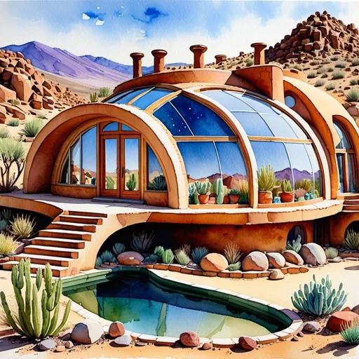 Prompt: {(watercolor painting)(fantasy art)}{(comortable (earthship (house)))(high desert)(Arizona)}