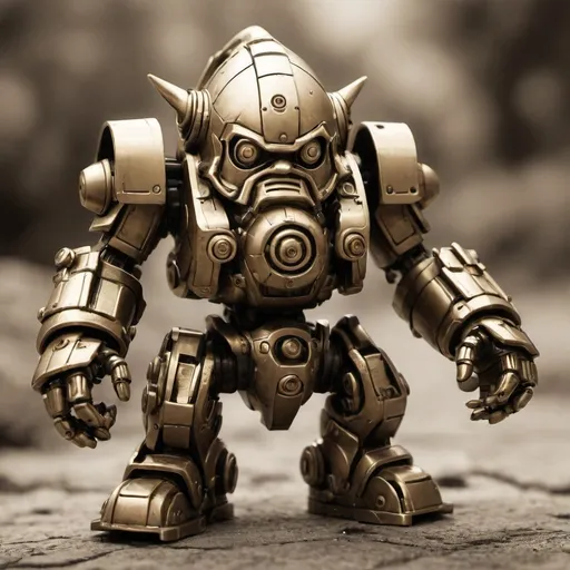 Prompt: sepia tone photography of A gnome-built brass combat mecha
