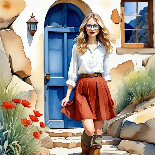 Prompt: {(watercolor painting)(fantasy art)(wide view)} {(woman) {(bluish gray eyes) (round face) (red lipstick) (cat's eye (glasses))} (long (wavy (blondish-brown (hair))} {(white (linen (blouse)))(khaki (walking (skirt)))(pith helmet)(brown (hiking (boots)))}
{{(Stone wall)(large (glass windows))(round (haint blue (door)))} dug into a (hillside)} {(high desert)(Arizona)}