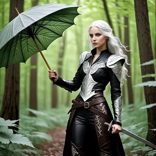 Prompt: {(elf woman) {(sable (skin))} (violet eyes) {(long (wavy (hair))) (white hair) (silver highlights)}  {((leather armor) with (leather trousers))(sword belt)}}{carrying a (parasol made of (leaves))} in the forest