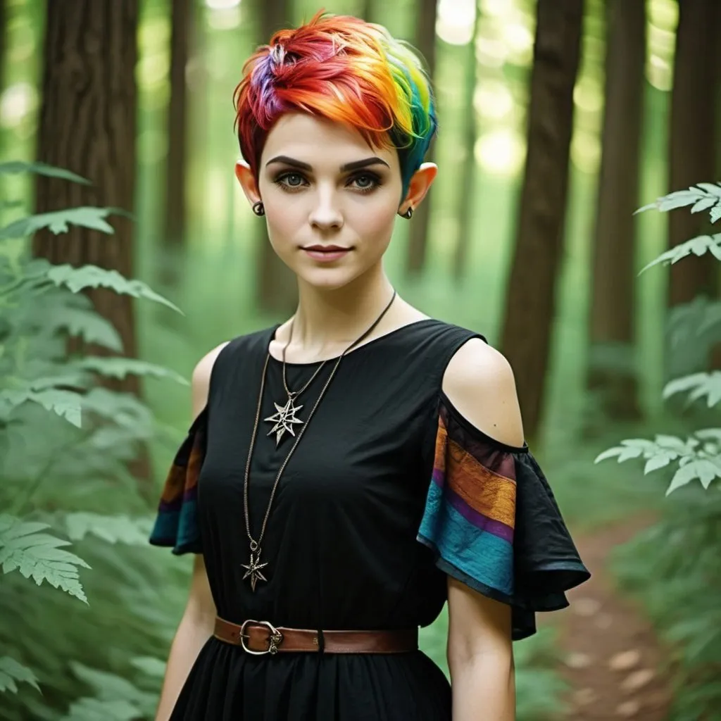 Prompt: {(female (wood elf))(short (rainbow colored (pixie-cut) hair))}(black (witch dress))