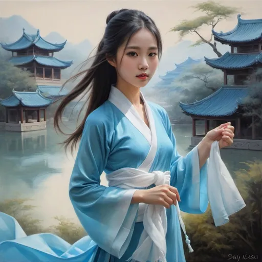 Prompt: {oil painting}{fantasy art}{striking}{cute}{Zhao Lusi}{ombre dyed ao dai (white)(pastel blue)}{holding a white scarf} doing tai chi