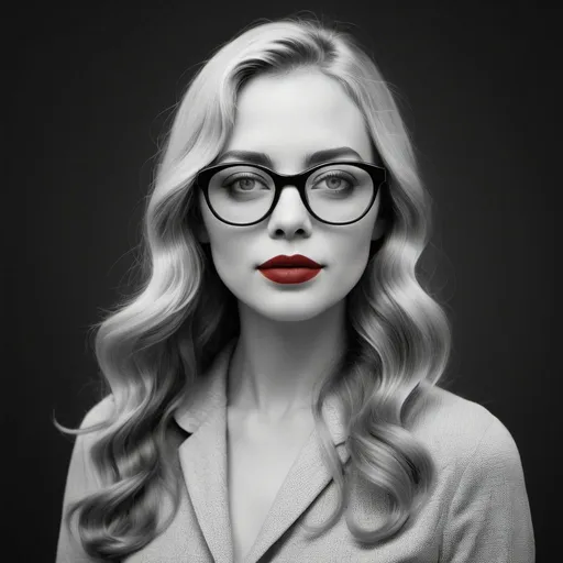 Prompt: (Full body (in profile)) {(black and white (silver emulsion (infrared photograph)))} of A {woman with a (round face) featuring (red lipstick) and (gray eyes). She has (long (wavy (blondish-brown (hair)) and wears (cat's eye (glasses))} 