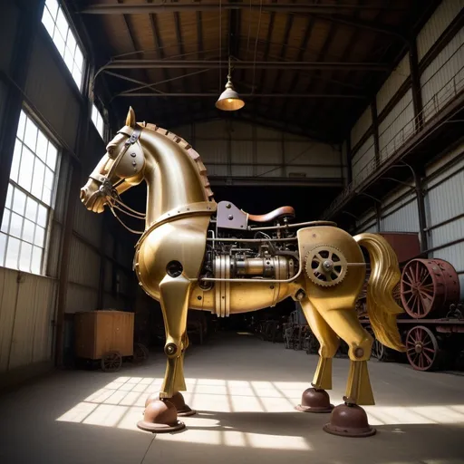 Prompt: {(sepiatone photography)(wide angle)}{(brass (steam powered (mechanical (horse))))}{industrial warehouse}