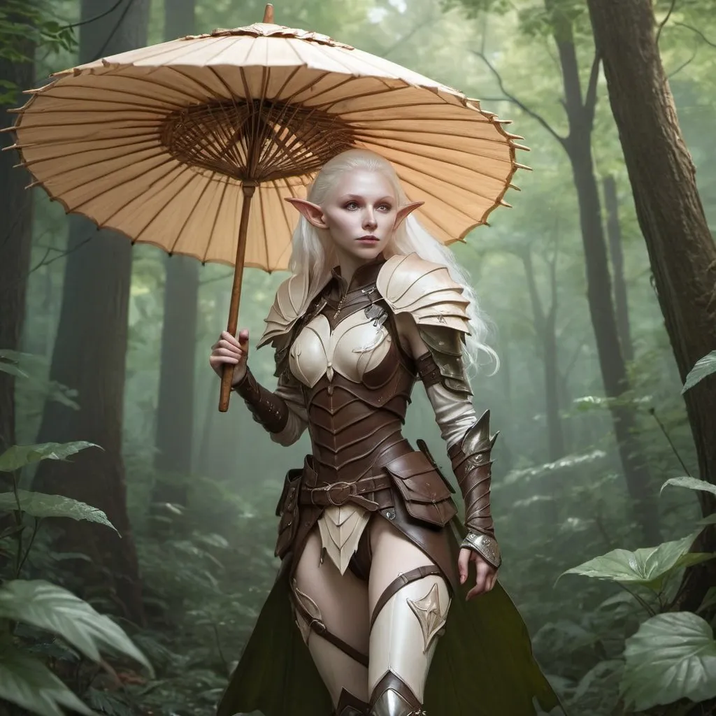 Prompt: An albino elf woman in leather armor, carrying a leafy parasol in the forest.