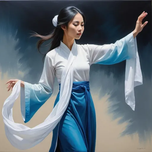 Prompt: {oil painting}{fantasy art}{slender Asian woman}{ombre dyed ao dai (white)(blue)}{holding a white scarf} doing tai chi